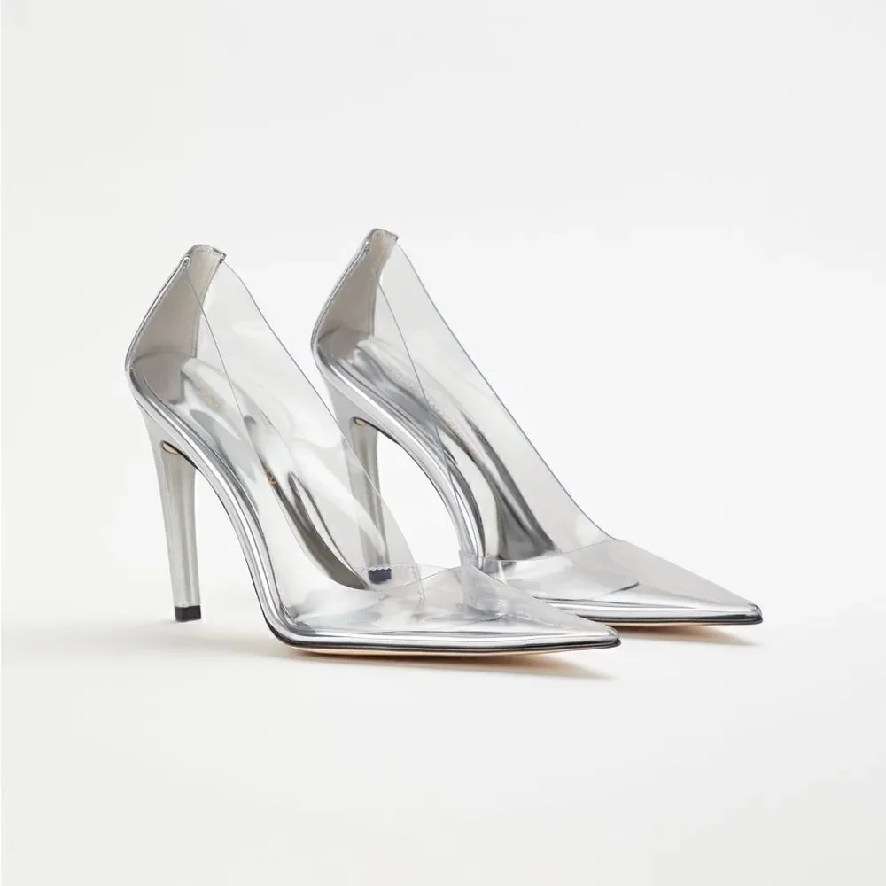 Good American Clear PVC Pointed Toe Stiletto Heels with Silver Trim
